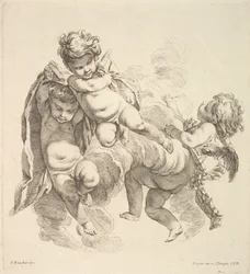 Três crianças entre nuvens carregando uma cortina, 1738-45.