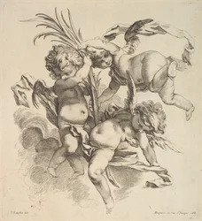 Três crianças entre nuvens perto de uma folha de palmeira, 1738-45.
