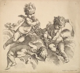 Três crianças com um prato de frutas, 1738-45.
