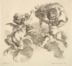 Duas crianças, uma segurando uma cesta com flores, 1738-45.