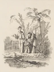 Duas mulheres levando uma criança em direção a um bule em uma mesa perto de uma lagoa, ca. 1742.