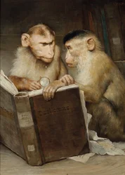 "Os estudiosos" Dois macacos segurando um livro aberto - Pintura de Gabriel Cornelius Ritter von Max (1840-1915) Coleção particular