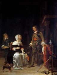 Um soldado visitando uma menina Pintura de Gabriel Metsu (1629-1667) Sol do século XVII. 0,63x0,47 m