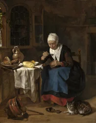 Mulher idosa a comer papas de aveia