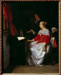 A palestra do Virginal. Pintura de Gabriel Metsu (1629-1667), ec. holl.