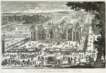 Vista do castelo de Vaux Le Visomte (Vaux-Le-Vicomte) do lado da entrada (jardins de Le nosso) - por Perelle, finais do século XVII