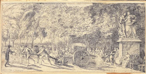 Figuras puxando um barril em um carrinho nos Jardins das Tulherias, 1760