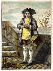 Velhos metiers: o engraxador de sapatos ou o engraxador de sapatos. Gravura de Gabriel de Saint Aubin (1724-1780) Século XVIII Paris musee Carnavalet