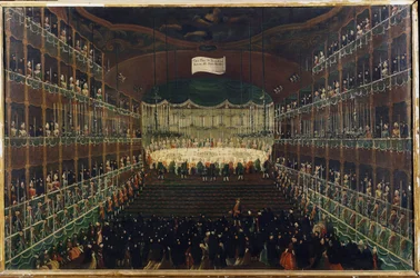 Uma refeição no Teatro San Benedetto - "Recepção em honra dos príncipes do Norte" Banquete reunindo os embaixadores. Pintura de Gabriel Bella (1730-1799) Veneza do século XVIII, Galleria Fondazione Querini Stampalia