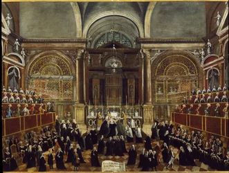 Cerimónia de levar um vestido de freira na Igreja de São Lourenço em Veneza Pintura de Detalhe de Gabriele Bella (1730-1799) 1789 Dim 94x148 cm Veneza Fondazione "Querini Stampalia"