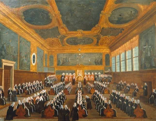 Conselho de Pregadi, de Gabriel Bella (1730-1799), óleo sobre tela, 96x149 cm