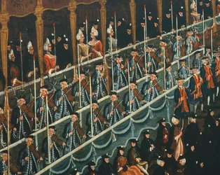 Almoço no Teatro San Beneto oferecido pelo Doge em homenagem aos príncipes do norte, Veneza, por Gabriel Bella (1730-1799), óleo sobre tela, Detalhe