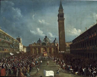 Procissão do doge e distribuição de dinheiro aos cidadãos, na Praça de São Marcos (O doge levava em procissão pela Praça de São Marcos em Veneza distribuindo dinheiro aos cidadãos). - Pintura de Gabriele Bella (ca. 1730-1799). Veneza, Fundação Querini Stam