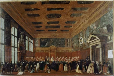 Recepção de Embaixadores no Colégio (Veneza, recepção de um embaixador no Colégio) - Pintura de Gabriele Bella (ca. 1730-1799), óleo sobre tela, 99x150 cm. Veneza, Fundação Querini Stampalia