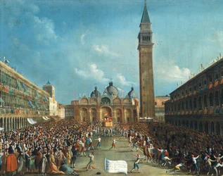 O Doge sendo carregado triunfantemente e espalhando dinheiro na Piazza San Marco (Praça de São Marcos)