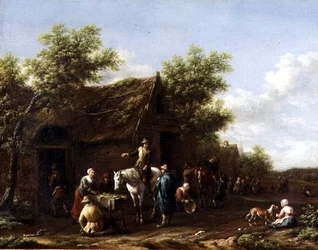 Viajantes descansando seus cavalos junto a um celeiro