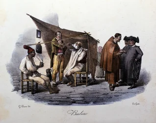 Pequeno ofício da cidade de Nápoles: um barbeiro ambulante a conversar na rua. Litografia de G. Dura