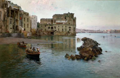 A costa marítima em Nápoles. Pintura de Gaetano Esposito (1858-1911)