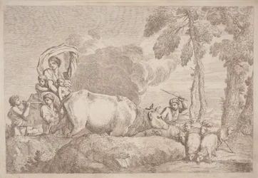 Uma mulher com dois filhos a cavalo
