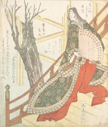 Dama da corte com um leque - uma cerejeira em flor, século XIX.
