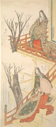 Duas damas da corte admiram as cerejeiras, ca. 1820.