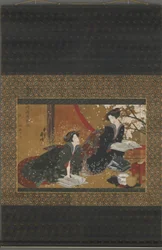 Duas gueixas lendo um livro, período Edo (cor, ouro e prata em seda)