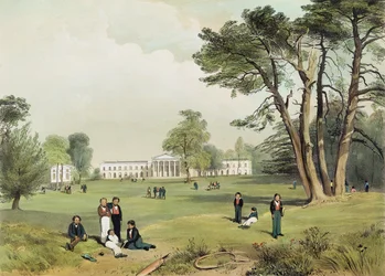 Escola e Capela dos Dissidentes Protestantes, Mill Hill, Middlesex, tirada da natureza por D. Fowler c.1830