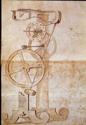 Relógio um pêndulo de pesagem estudado pelo astrônomo e físico italiano Galileo Galilei dit Galilee (1564-1642) em 1638 para medir o tempo. Desenho. Florença, Biblioteca Nacional