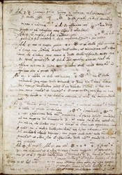 Página de "Sidereus Nuncius" na qual a Galileia nomeia as quatro estrelas como Medicea Sidera ou Pianeti Medicei (Planetes mediceennes): manuscrito do astrônomo e físico italiano Galileo Galilei dit Galilee (1564-1642) escrito para Cosimo de Medicis (Cosim
