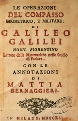 Página de título de Operações da bússola geométrica e militar de Galileu Galilei (1564-1642), com notas de Mattia Bernaggieri, publicadas em Milão