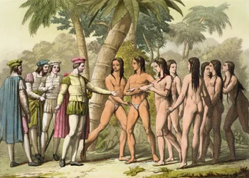 Cristóvão Colombo (1451-1506) com Hernán Cortés (1485-1547) recebendo como oferta uma jovem índia americana, de “Le Costume Ancien et Moderne”, volume I, prancha 5, de Jules Ferrario, publicado c. 182