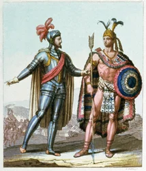 Hernán Cortés encontra-se com Montezuma II em 1519
