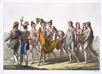 Viúvas americanas nativas se aproximam de seu chefe de permissão para se casar novamente, placa 57 de &39;Le Costume Ancien et Moderne&39; por Jules Ferrario, publicado c.1820s-30s