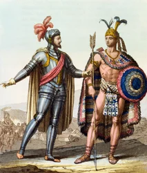 O encontro entre Hernán Cortés (1485-1547) e Montezuma II (1466-1520), de «Le Costume Ancien ou Moderne» de Jules Ferrario, Milão, c. 1820