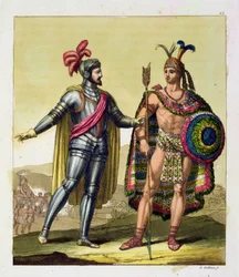 O encontro entre Hernando Cortés (1485-1547) e Montezuma II (1466-1520), de «Le Costume Ancien et Moderne», volume I, prancha 63, por Jules Ferrario, publicado c. 1820-30