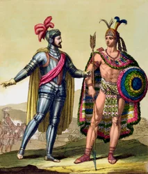 O encontro entre Hernando Cortés e Montezuma II, México, 1519, c. 1820-1839