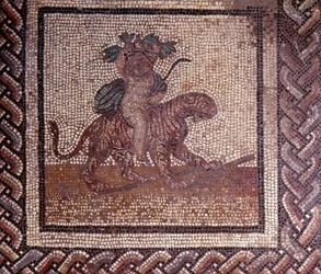 Gallo Roman Art: pavimentação em mosaico representando um calendário rústico. Alegoria do Outono sentado sobre um tigre. Fim do século II, início do século III depois de JC. De Saint-Romain-en-Gal (Rhone). Saint Germain en Laye, Museu Nacional de Arqueolog