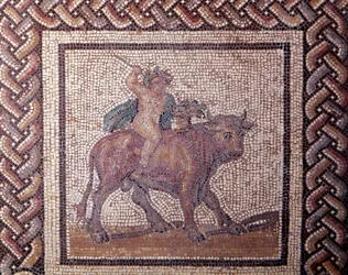 Arte galo-romana: pavimento de mosaico representando um calendário rural. A alegoria da Primavera monta um touro. Fim do século II, início do século III d.C. Proveniente de Saint-Romain-en-Gal (Ródano). Saint-Germain-en-Laye, Museu Nacional de Arqueologia