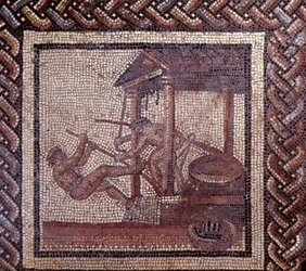 Arte galo-romana: pavimento de mosaico representando um calendário rural. Uma prensa de azeite. Finais do século II, inícios do século III d.C. Proveniente de Saint-Romain-en-Gal (Ródano). Saint-Germain-en-Laye, Museu Nacional de Arqueologia
