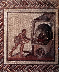 Arte galo-romana: pavimento em mosaico representando um calendário rural. Cena de fabrico de pão. Fim do século II, início do século III d.C. Proveniente de Saint-Romain-en-Gal (Ródano). Saint-Germain-en-Laye, Museu Nacional de Arqueologia