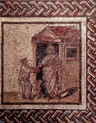 Arte galo-romana: pavimento de mosaico representando um calendário rural. Cena de celebração. Fim do século II, início do século III d.C. Proveniente de Saint-Romain-en-Gal (Ródano). Saint-Germain-en-Laye, Museu de Arqueologia Nacional