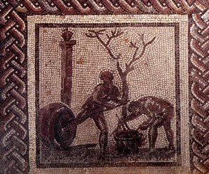 Gallo Roman Art: pavimentação em mosaico representando um calendário rústico. Cena envenenadora de frascos. Fim do século II, início do século III depois de JC. De Saint-Romain-en-Gal (Rhone). Saint Germain en Laye, Museu Nacional de Arqueologia.
