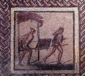 Arte galo-romana: pavimento em mosaico representando um calendário rural. Cena de transporte de estrume. Fim do século II, início do século III d.C. Proveniente de Saint-Romain-en-Gal (Saint Romain en Gal, Ródano). Saint-Germain-en-Laye, Museu Nacional de
