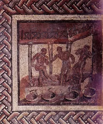 Arte galo-romana: pavimento de mosaico representando um calendário rural. Cena de pisa de uvas numa cuba. Fim do século II, início do século III d.C. Proveniente de Saint-Romain-en-Gal (Ródano). Saint-Germain-en-Laye, Museu de Arqueologia Nacional