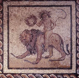 Arte galo-romana: pavimento de mosaico representando um calendário rural. Alegoria do verão com um leão. Fim do século II, início do século III d.C. Proveniente de Saint-Romain-en-Gal (Ródano). Saint-Germain-en-Laye, Museu de Arqueologia Nacional