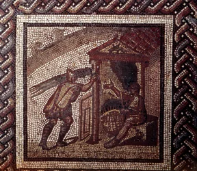 Arte galo-romana: pavimento de mosaico representando um calendário rural. Trabalho em vime e entrançado de cestos. Fim do século II, início do século III d.C. Proveniente de Saint-Romain-en-Gal (Ródano). Saint-Germain-en-Laye, Museu de Arqueologia Nacional
