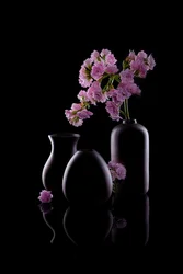 Vasos escuros, flores cor-de-rosa