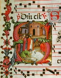 Antifonário na nota 7, livro que contém os cânticos a entoar pelo coro durante a missa (pergaminho)