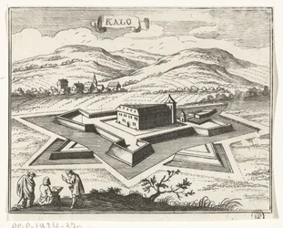 Vista de Nagykálló Imagens topográficas da Áustria, Hungria e Balcãs (título da série) Breve descrição, e os aen-wysinghe der placesen in desen boeck, com suas palavras teghen, de pé, pertinentemente uyt-ghebeldt, em Oostenryck (se