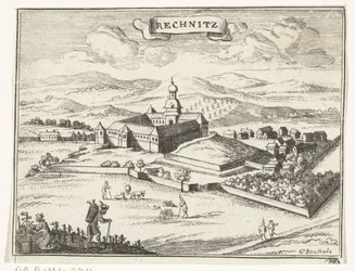 Vista de Rechnitz
Ilustrações topográficas da Áustria, da Hungria e dos Balcãs (título da série)
Korte beschryvinghe, en aen-wysinghe der plaetsen in desen boeck, met hunnen teghen woordighen standt, uyt-ghebeldt pertinent, in Oostenryck (ser